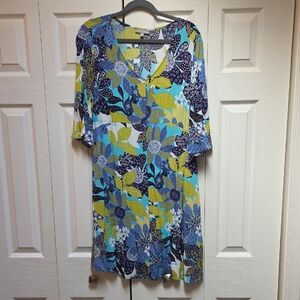 Habitat Sz Med Vibrant Floral V-Neck Tunic Dress in Blue, Lime & Navy